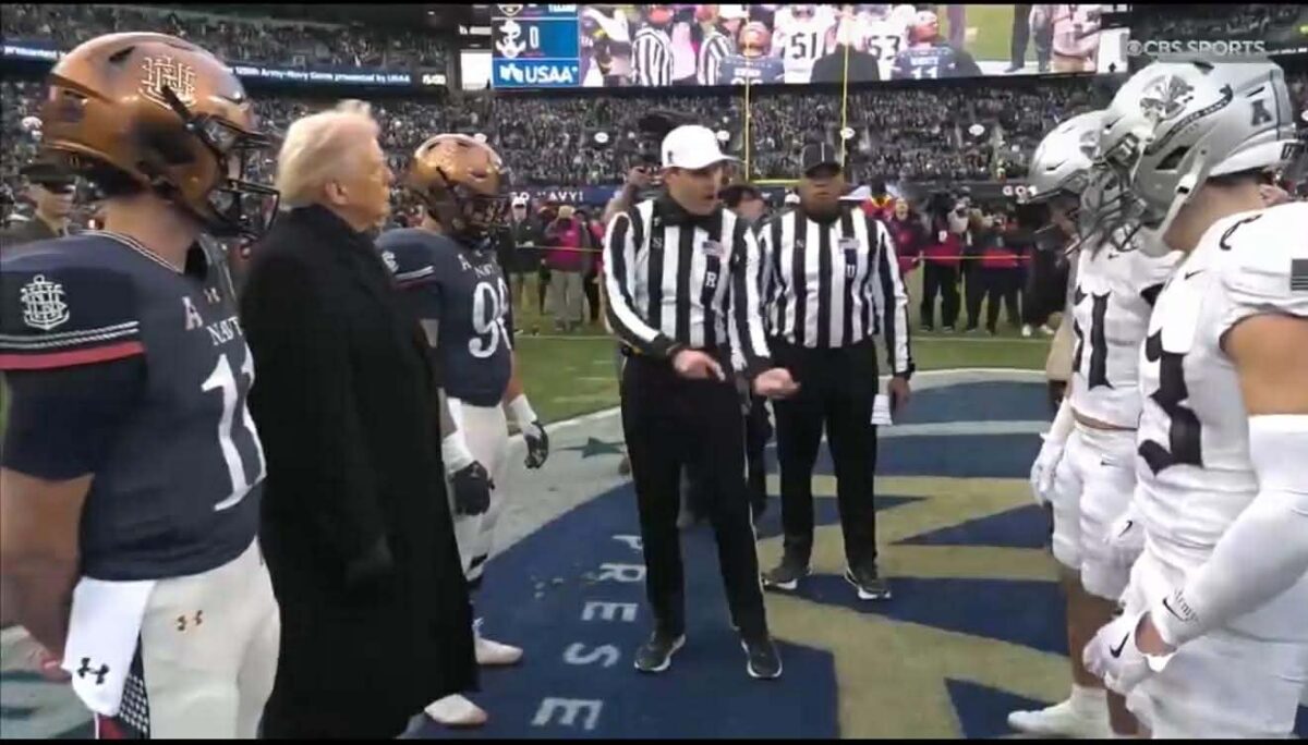 Donald Trump during the Coin Flip before the Army Navy game - Via @RapidResponse47 on Twitter (X)