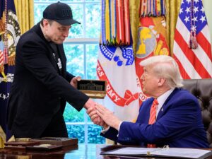 President Donald Trump participates in a press conference with departing DOGE adviser Elon Musk, Friday, May 30, 2025, in the Oval Office. (Official White House Photo by Molly Riley)