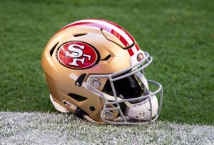 Jan 5, 2025; Glendale, Arizona, USA; Detailed view of a San Francisco 49ers helmet at State Farm Stadium. Mandatory Credit: Mark J. Rebilas-Imagn Images