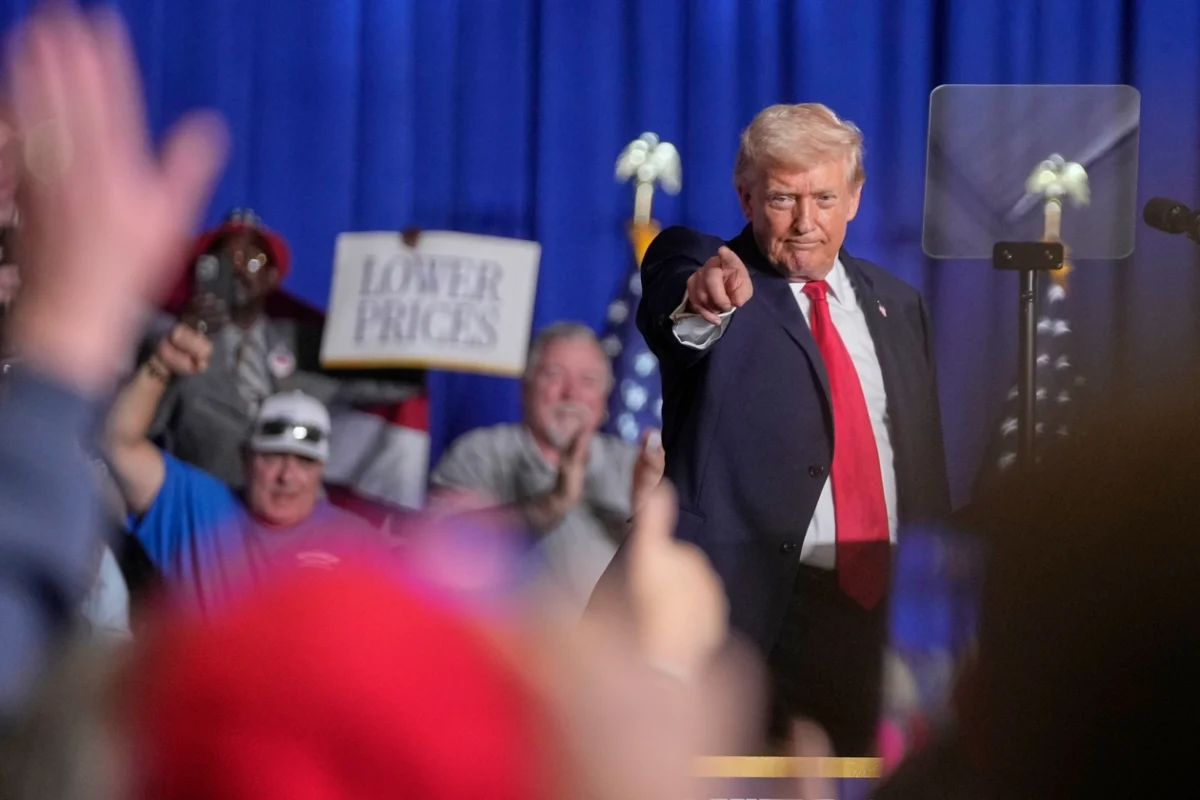 President Donald Trump acknowledges the crowd after speaking during an event at the Horizon Events Center in Clive, Iowa, Jan. 27, 2026. | Mark Schiefelbein/AP